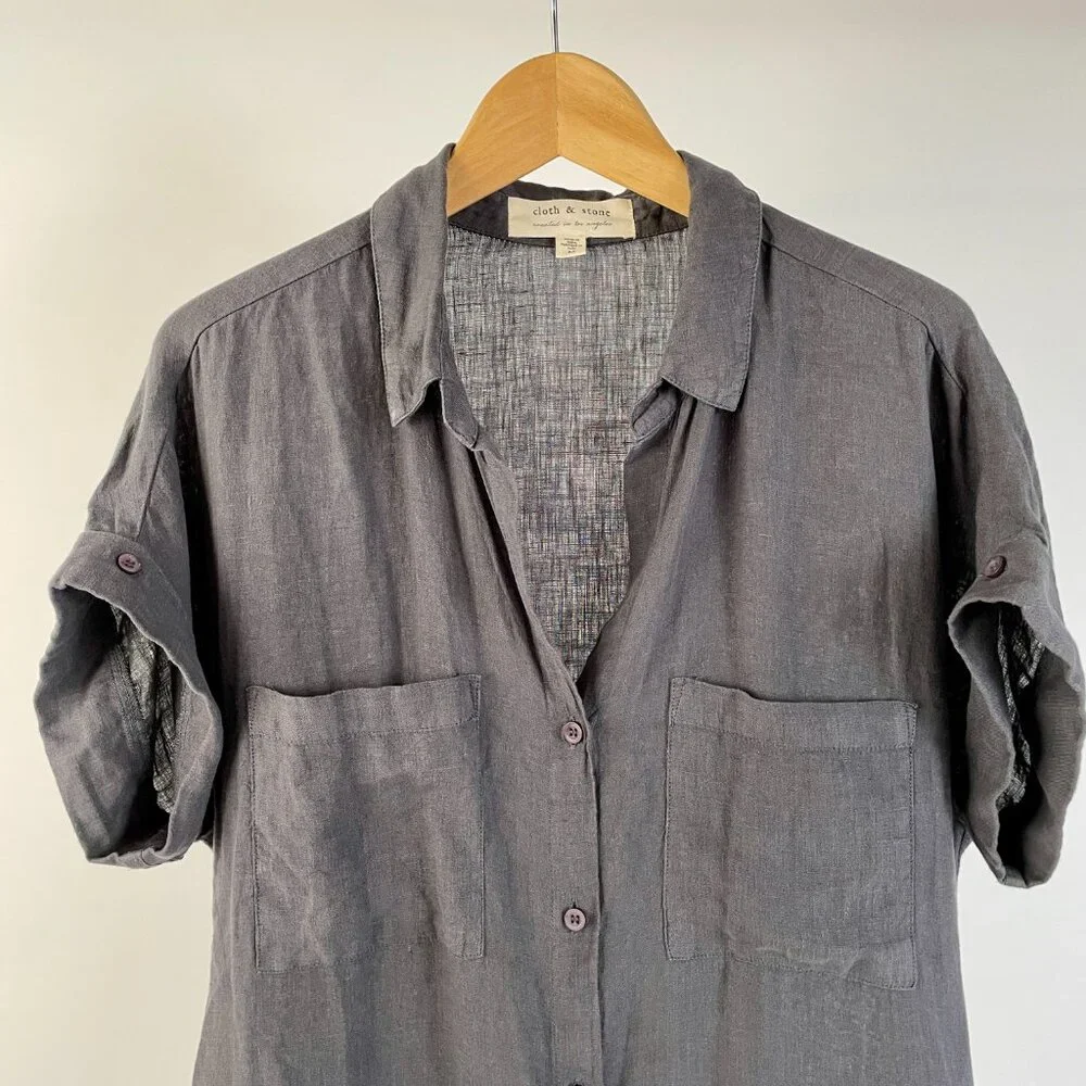 Cloth & Stone 100% Linen Short Sleeve Button Up Shirt, Stone Grey, Size M - Picture 3 of 8